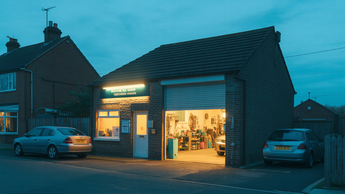 Independent garage at dusk with warm inviting lighting