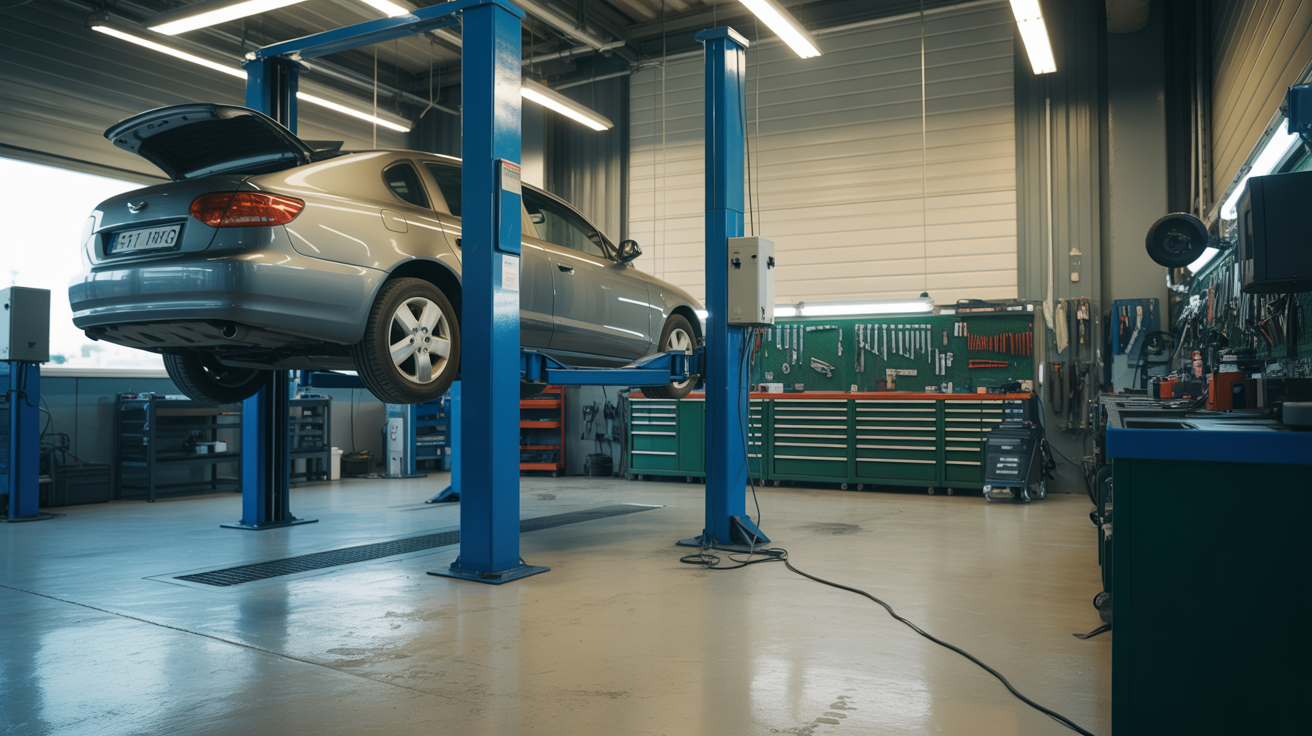 Professional MOT testing bay with car on hydraulic lift